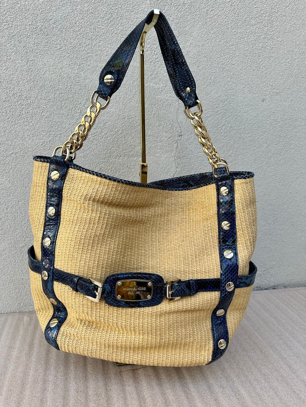 Michael Kors Straw Raffia Tote Blue Snakeskin Leather Gold Chain Shoulder Bag